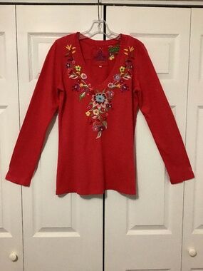 Johnny Was Long Sleeve Embroidered Cotton Top - Size Large